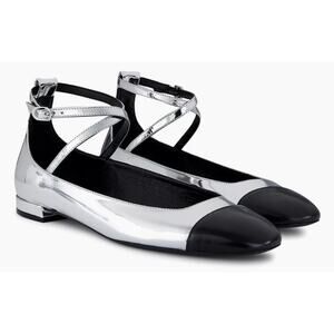 NIB Stuart Weitzman Silver and Black Leather Eden Cross Strap Ballet Flats US 8